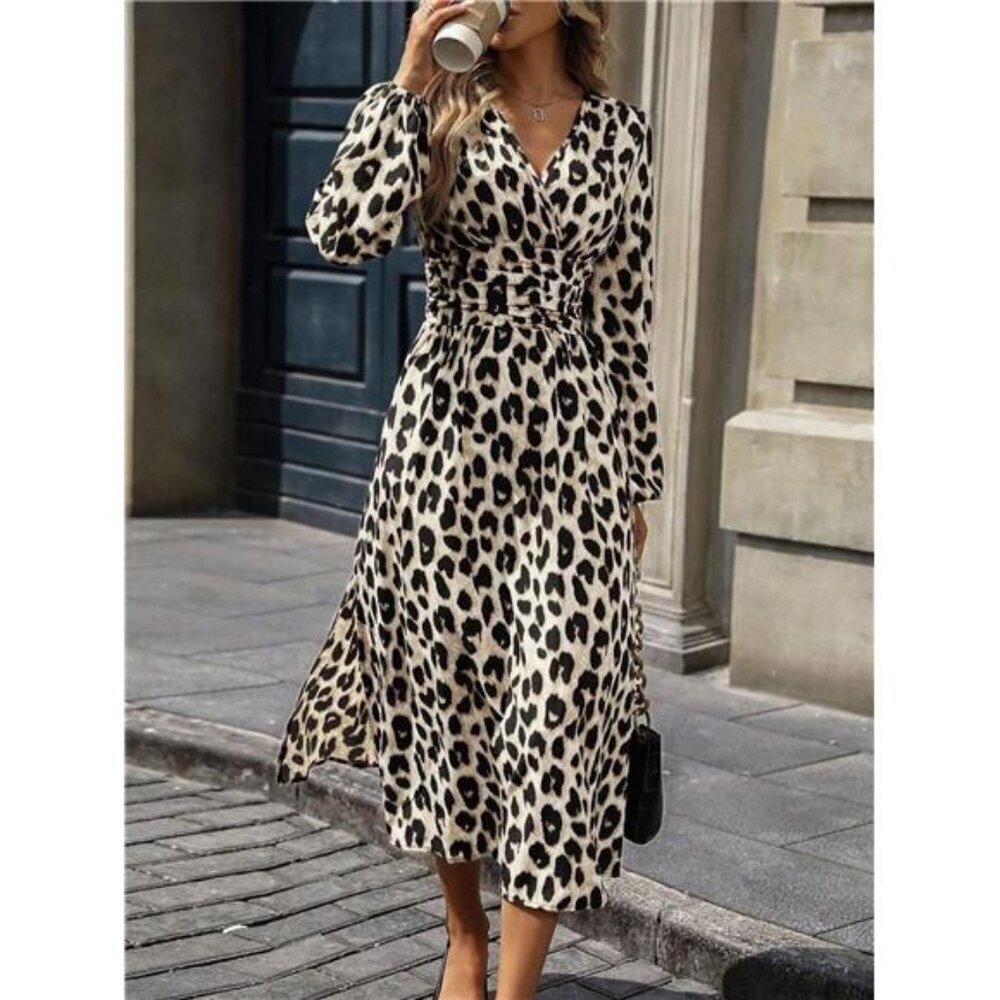 Leopard Print Long Sleeve Wrap Midi Dress